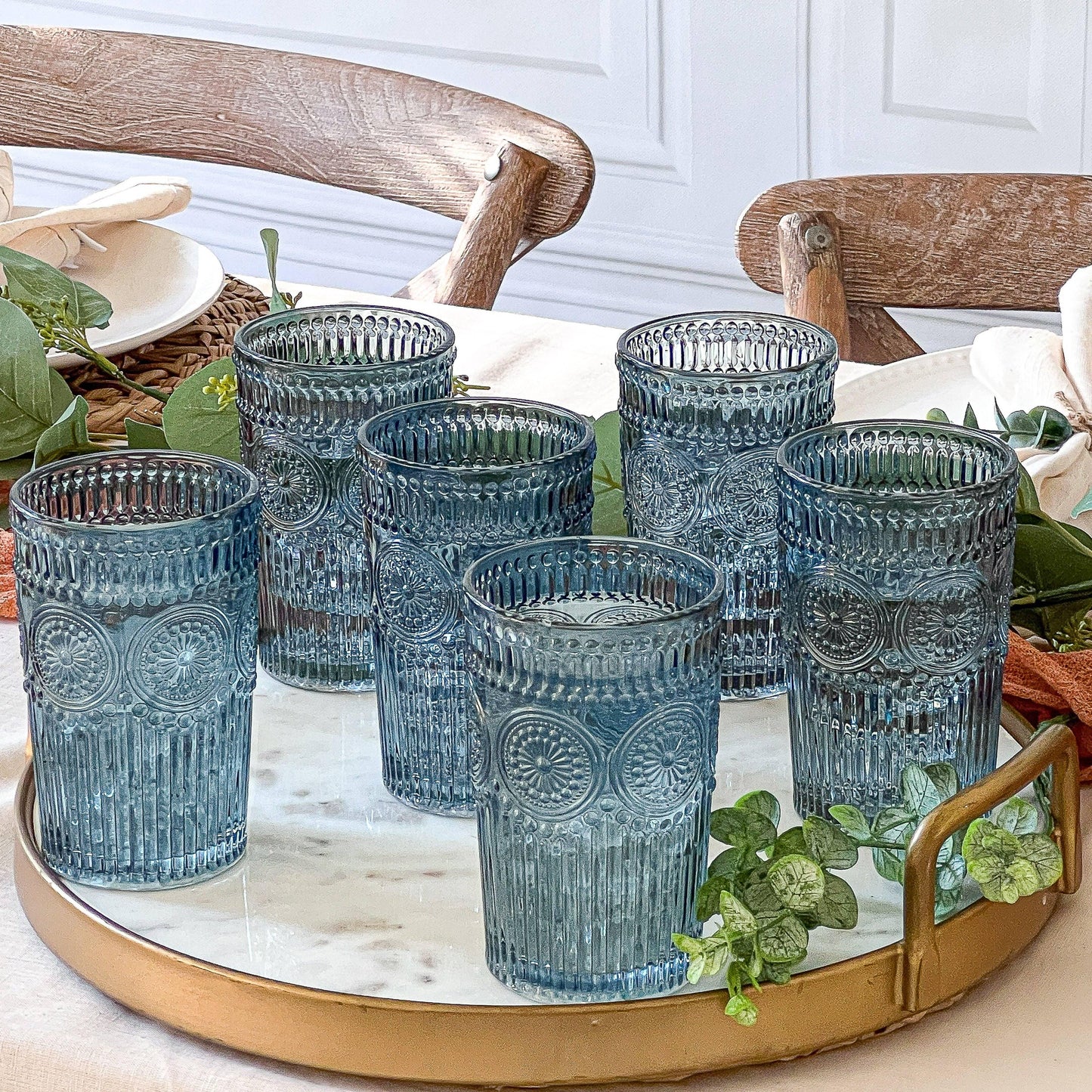 Blue Vintage Textured Drinking Glasses 13oz (Set of 6) - FIZ&MINGL Boutique