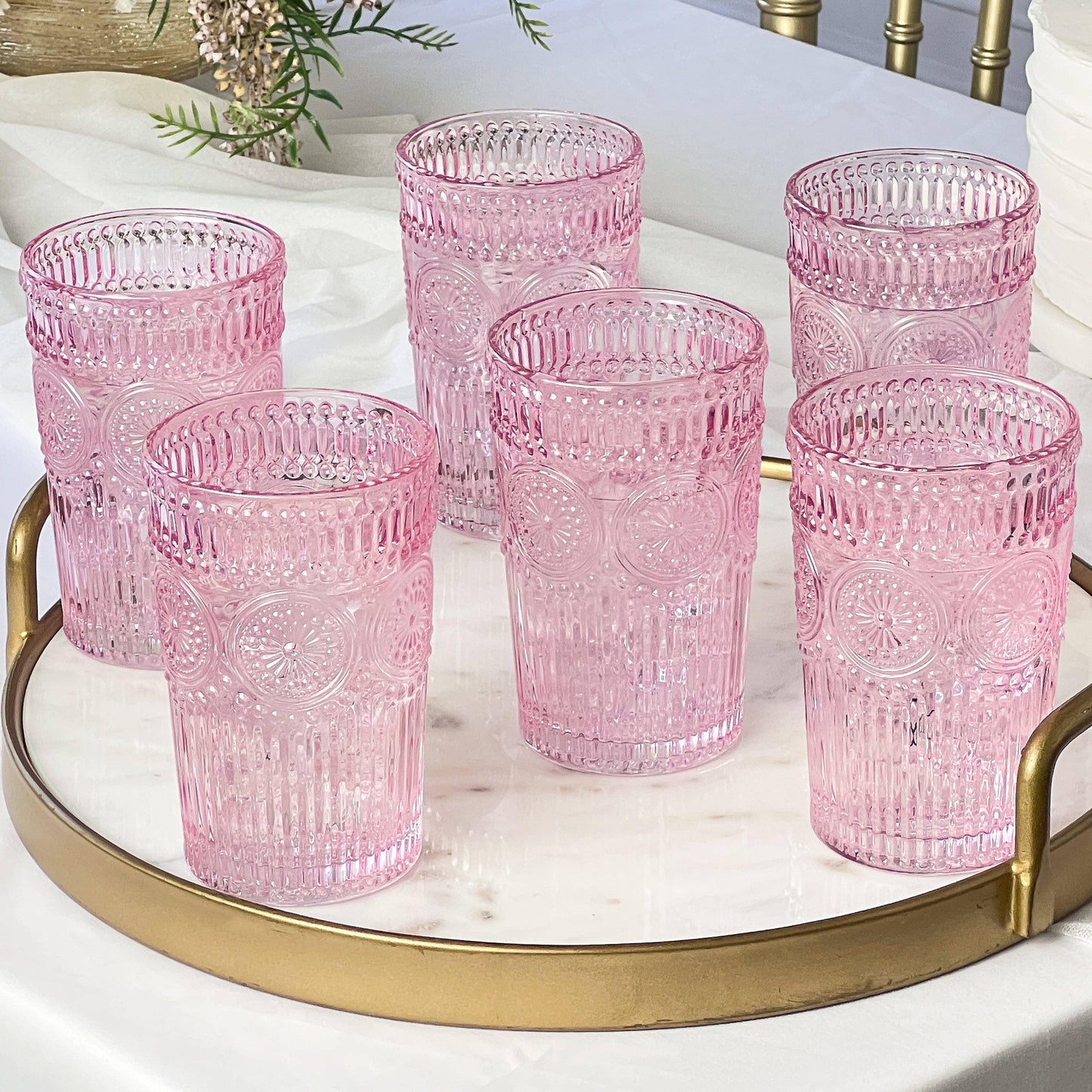 Pink Vintage Textured Drinking Glasses 13oz (Set of 6) - FIZ&MINGL Boutique